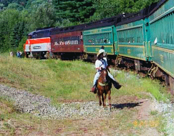 Stourbridge Line Railroad Great Train Robbery with cowboys on horseback from Triple W Ranch in Honesdale Pennsylvania